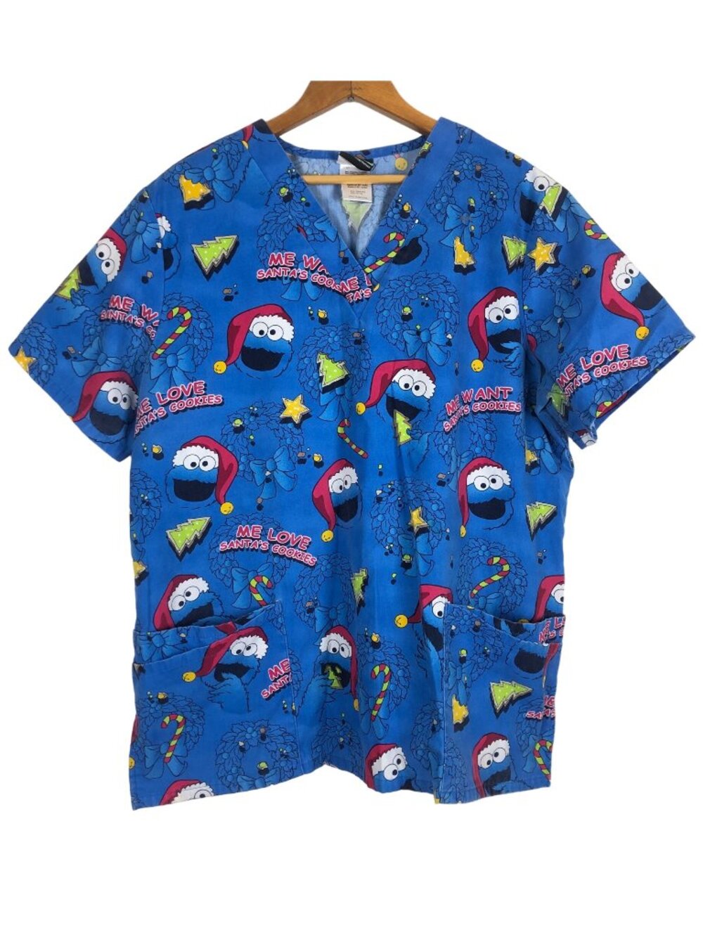 Sesame Street Cookie Monster Christmas Scrub Top Sz Large Poly-Cotton Blue